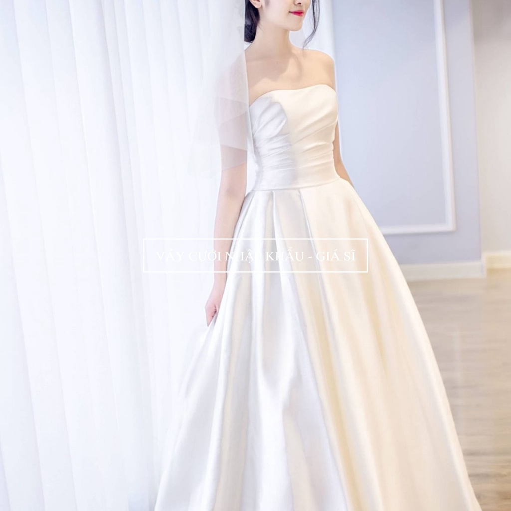Váy cưới satin cô dâu, váy cưới cup ngực xòe form A, form siết eo tùy chỉnh