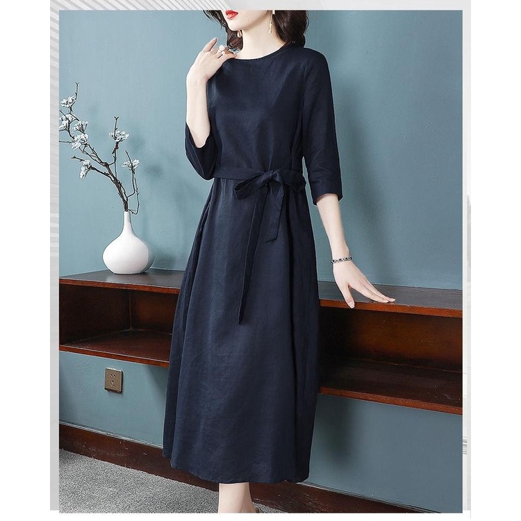 Đầm suông linen dáng chữ A cổ V tay lỡ xanh than, chất đũi mềm mát, thời trang phong cách Hàn Quốc