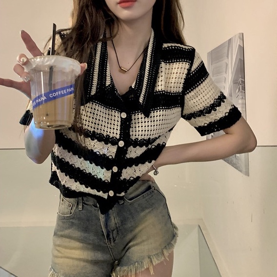 ihkke Áo Cardigan Dệt Kim Tay Ngắn Cổ POLO Họa Tiết Kẻ Sọc Thời Trang Mùa Hè Hàng Mới Dành Cho Bạn Nữ