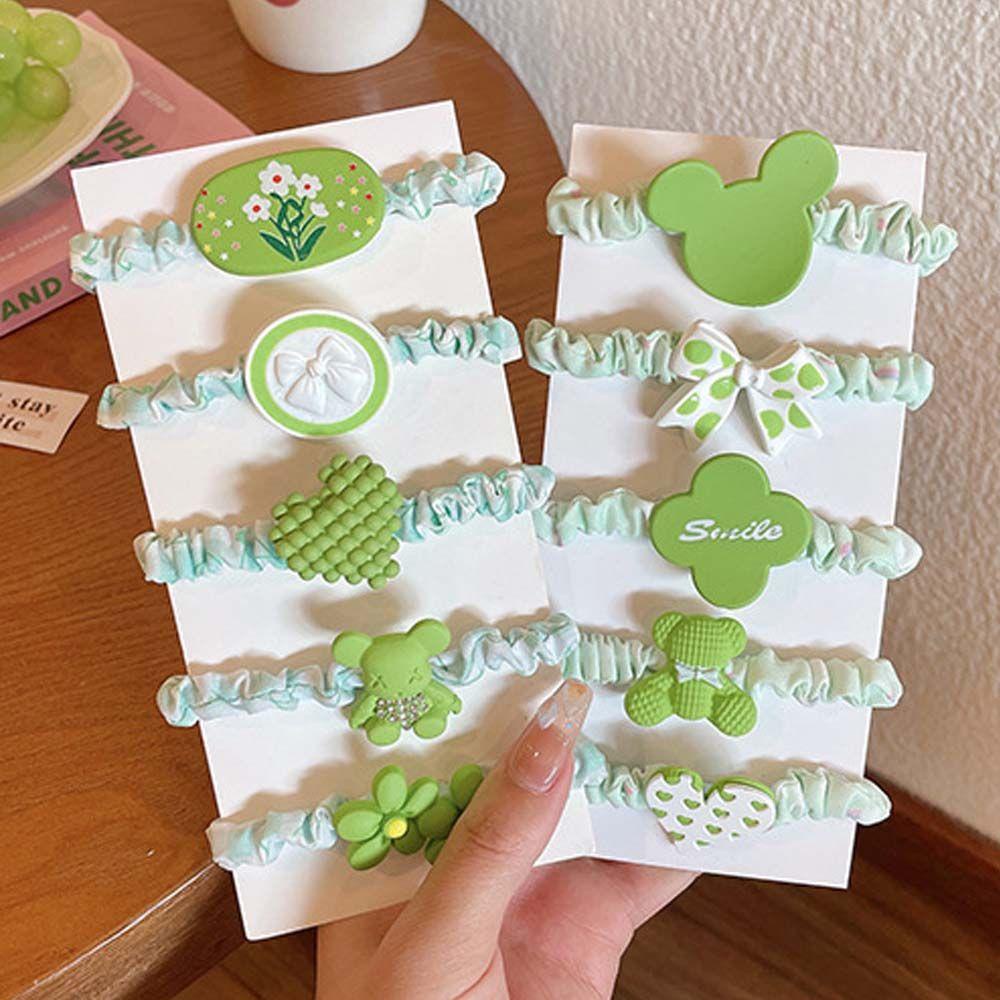 Bộ Dây Buộc Tóc Họa Tiết Cỏ Bốn Lá / Gấu Hoạt Hình Màu Xanh Lá Phong Cách Hàn Quốc Cho Bé Gái