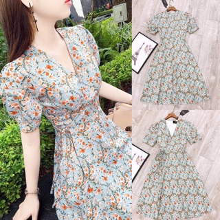 Bán sỉ váy hoa xanh cổ V thắt nơ eo