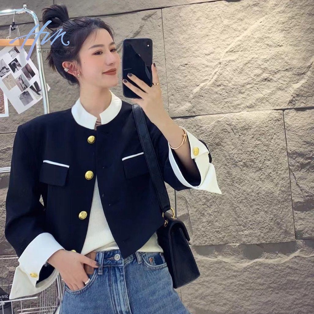 Hàng Mới Về Áo Khoác Cardigan Ngắn Cổ Đứng Cài Một Hàng Khuy Màu Tương Phản Thời Trang Mùa Xuân 2022 Cho Bạn Gái