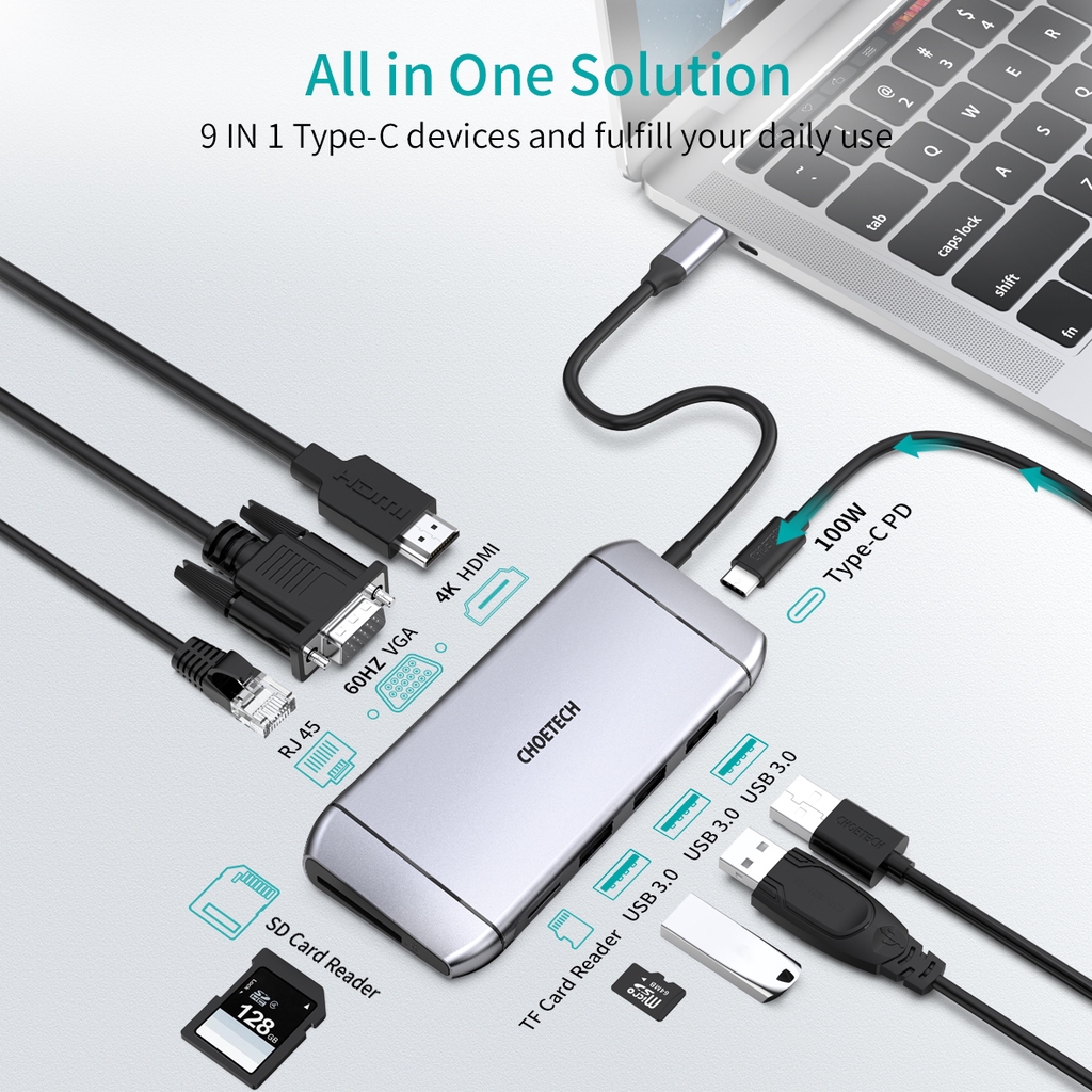 Bộ Chia CHOETECH Cổng USB C 9 Trong 1 Với 4k Hdmi/PD 100w/Usb 3.0/Rj45 Ethernet/60hz Vga/Tf Cho Macbook Pro/Air/Imac