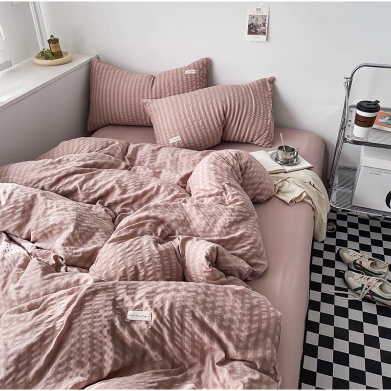 Set chăn ga 4 món cotton đũi dúm kẻ sọc