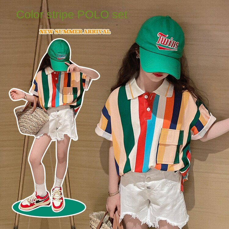 Bộ Áo Sơ Mi Cổ Bẻ Kẻ Sọc Phối Quần Short Kiểu Hàn Quốc Thời Trang Cho Bé Gái 10 Tuổi 11 12 Tuổi 13 Tuổi Từ 5-6 Tuổi 7 Tuổi