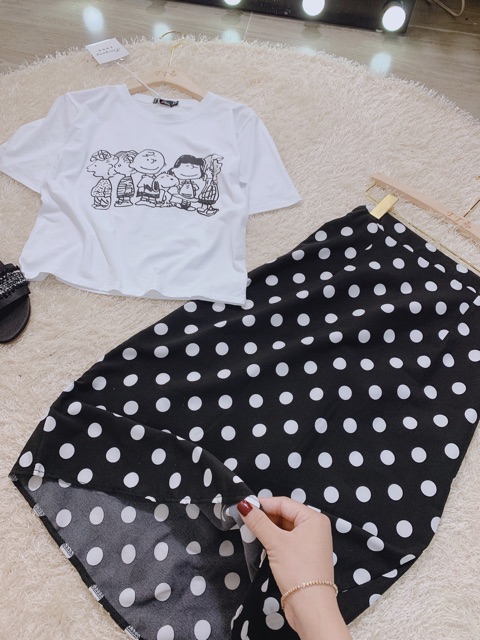 Set áo cotton chân váy bi