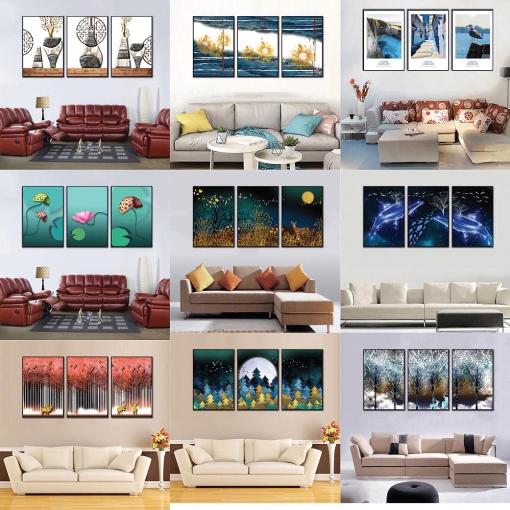 Tranh bộ 3 hoa hướng dương đẹp, tranh nghệ thuật hình hoa sen, tranh 3D treo tường