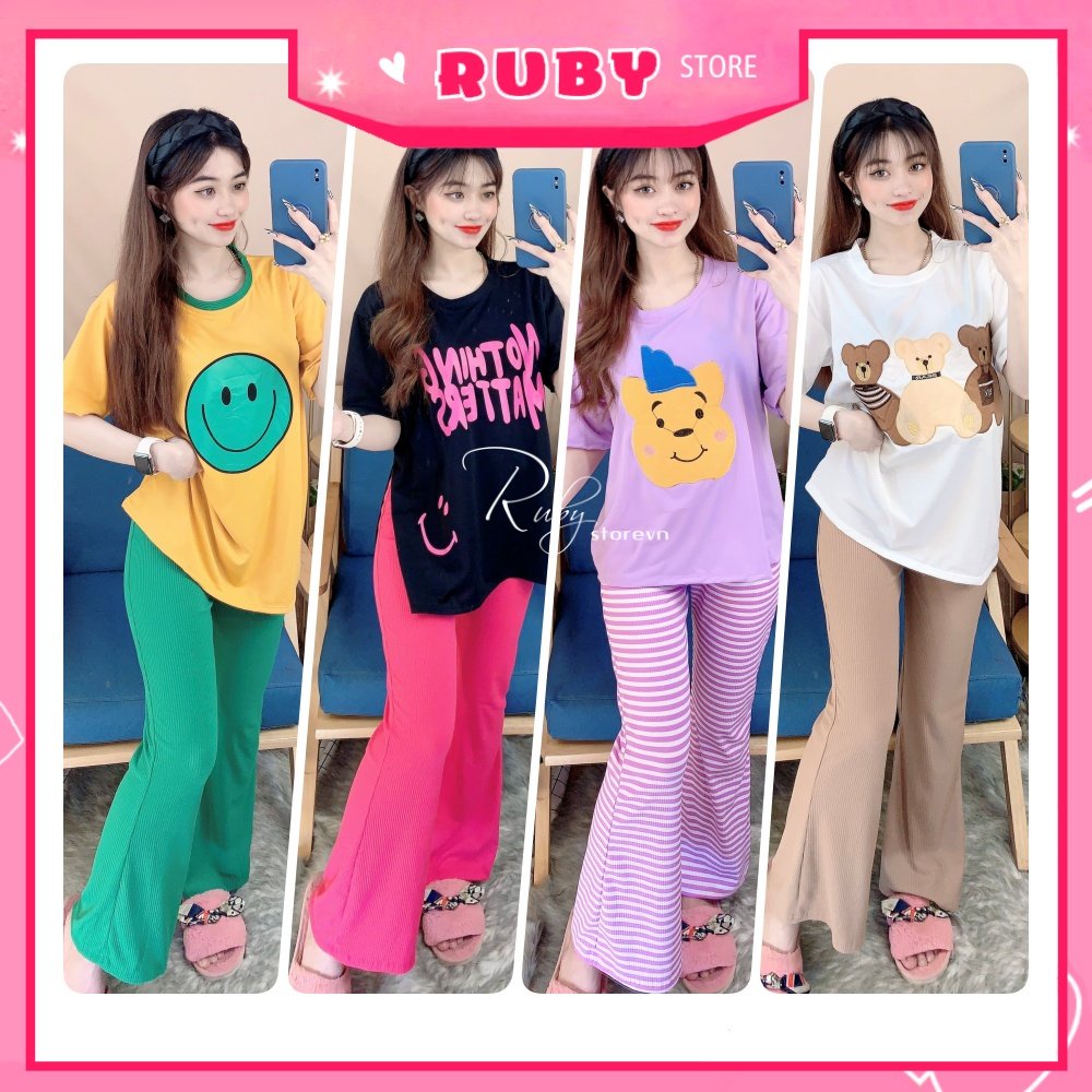Đồ bộ thun dài ống loe trơn sọc hot chất thun mềm mát in hình vịt chuột gấu hoạt hình dễ thương TP114