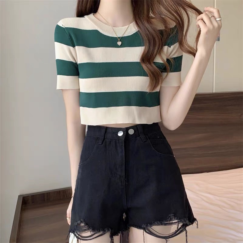 Áo croptop cộc tay kẻ ngang chất len Hàng Quảng Châu loại 1