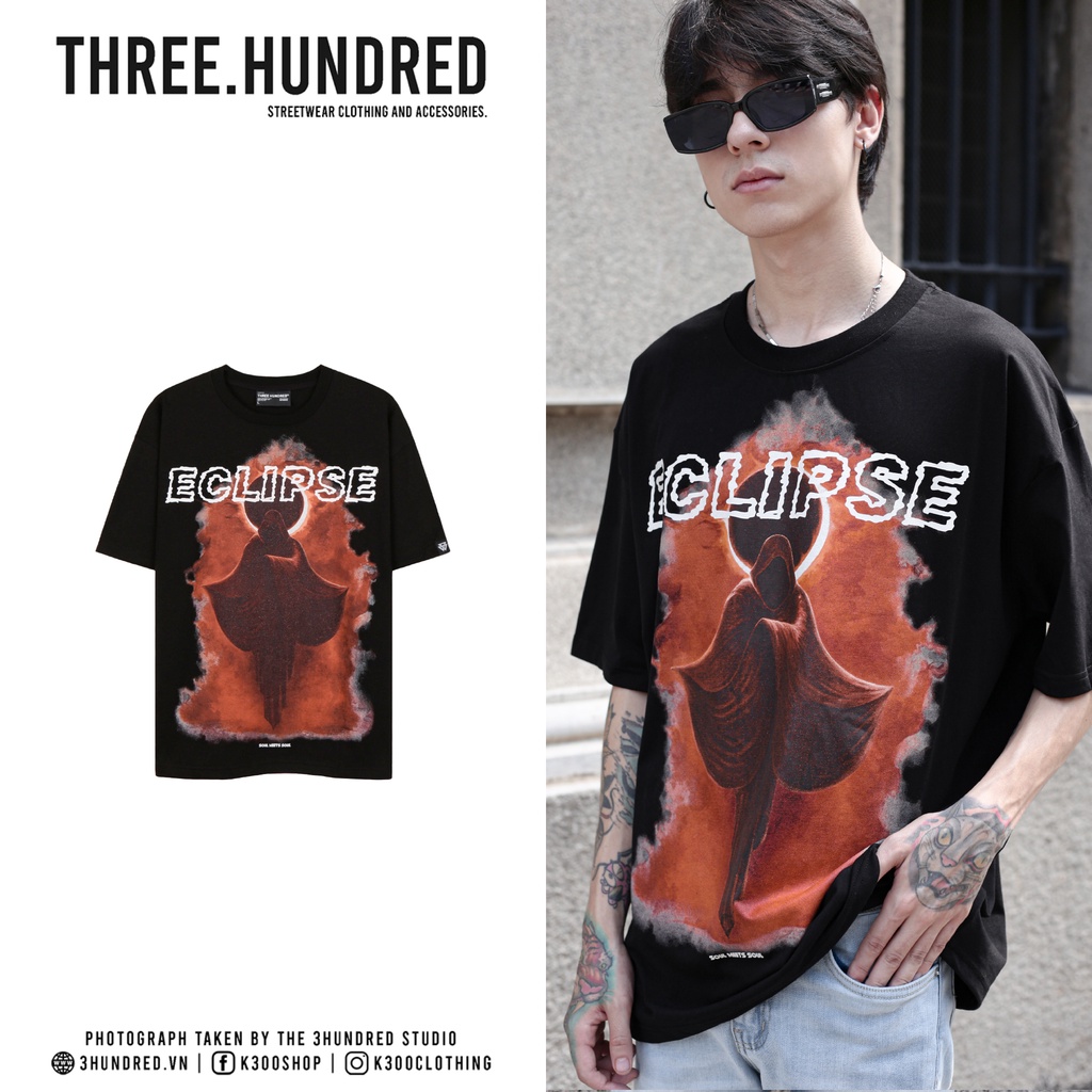 Áo Thun Đen Chữ Eclipse Họa Tiết In Hình Lửa Màu Cam Chất Liệu 100% Cotton Form Rộng Thoải Mái Unisex Nam Nữ