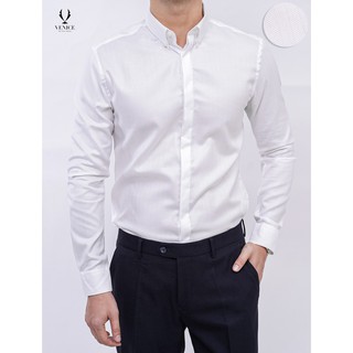 Sơ mi nam dài tay công sở venice - màu trắng kẻ xương cá, cúc bộ, giấu khuy, form slim fit, vải cotton pha sợi .