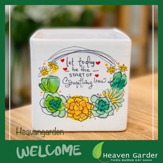 Chậu vuông men vẽ- trồng cây văn phòng( để bàn)