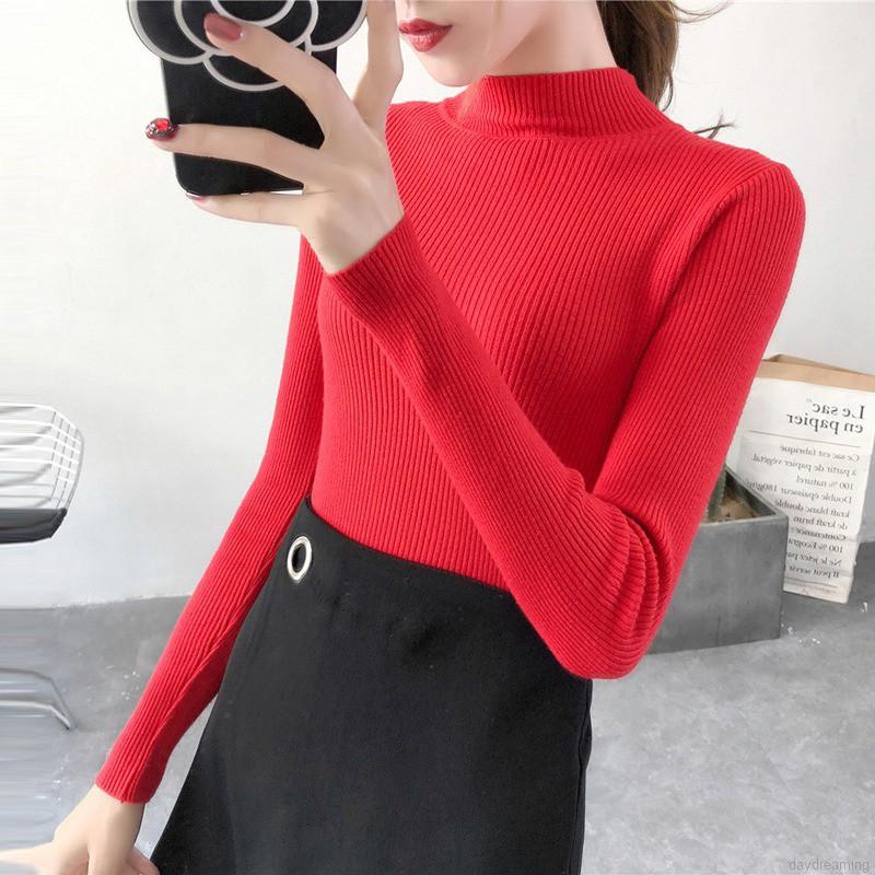 Áo Sweater tay dài màu trơn thiết kế cổ lọ thanh lịch