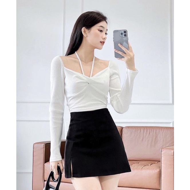 MINI TOP - ÁO CROP GÂN XOẮN CỘT CỔ