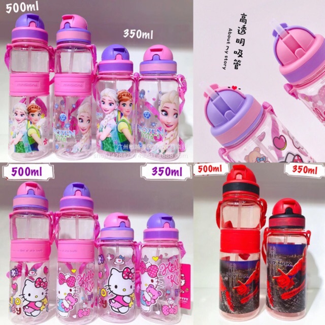 Bình nước ống hút Hello Kitty, Elsa, Nhện cho bé