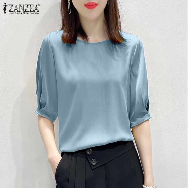 Zanzea Áo Sơ Mi Tay Lửng Cổ Tròn Màu Trơn Thời Trang Dành Cho Nữ