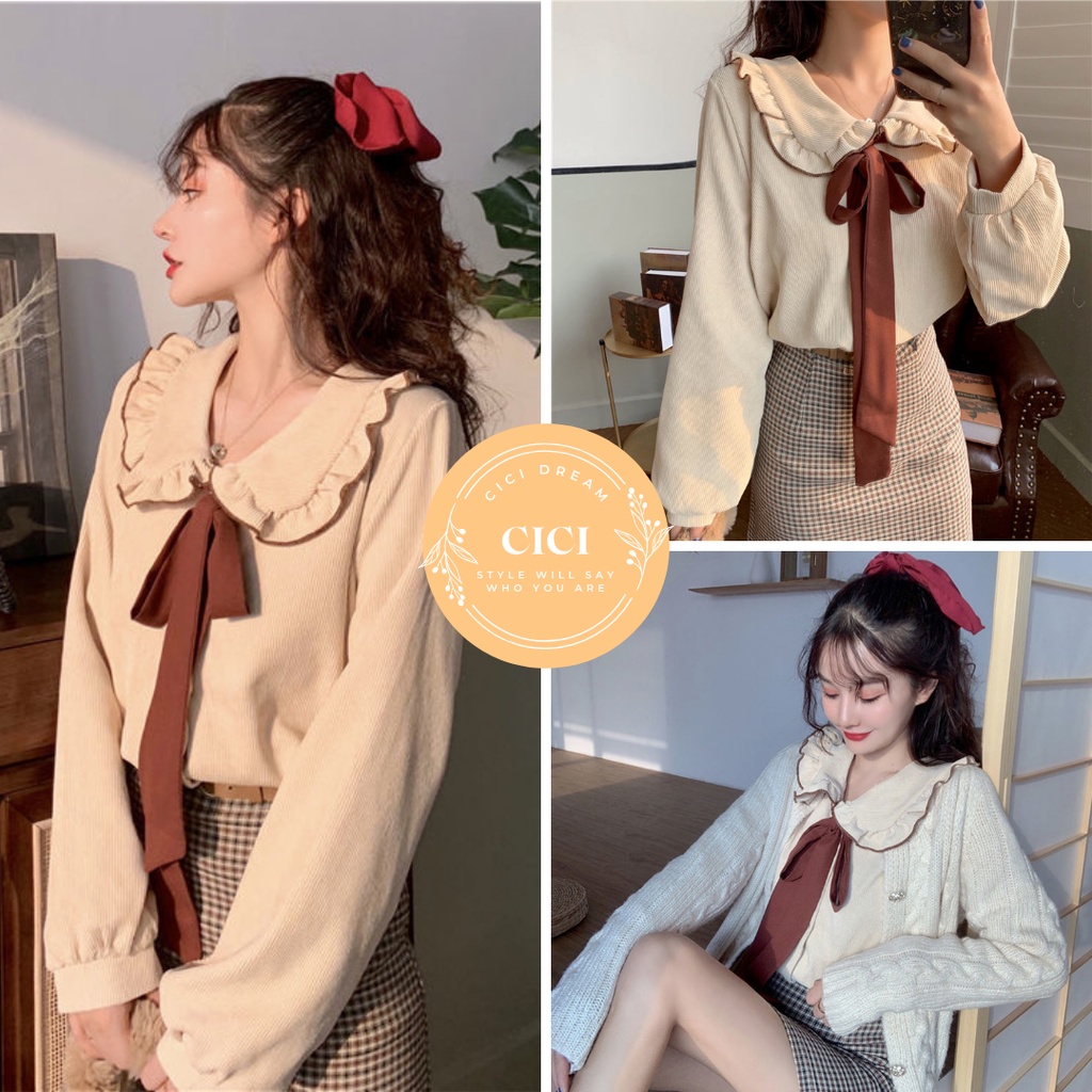 Áo sơ mi nữ trắng dài tay đính nơ cổ đứng babydoll bo chun, Áo sơ mi nữ trắng dài tay bồng cổ buộc nơ siêu xinh
