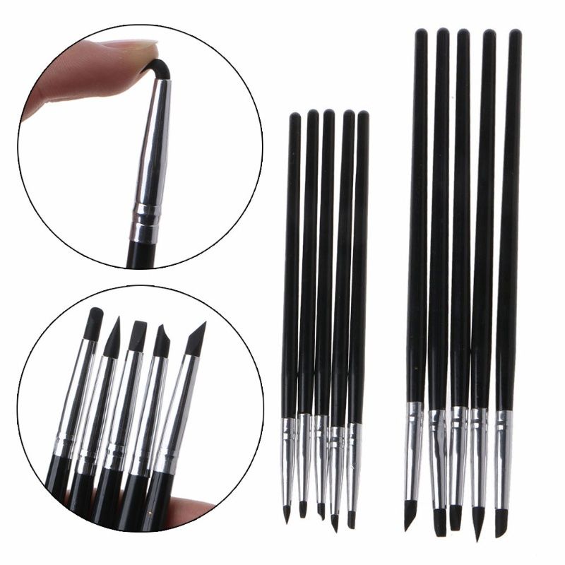 Bộ 5 bút màu đen, cọ đầu silicon trét màu tạo hình điêu khắc tranh vẽ resin đất sét