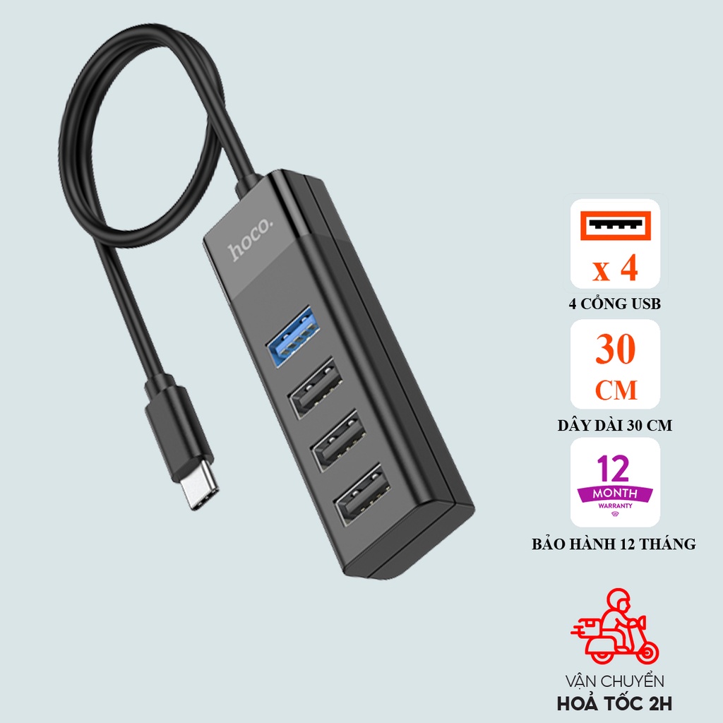 Hub 4 cổng Hoco HB25 chuyển Type-C sang USB  cho thiết bị ngoại vi: chuột, keyboard, USB, ổ cứng...