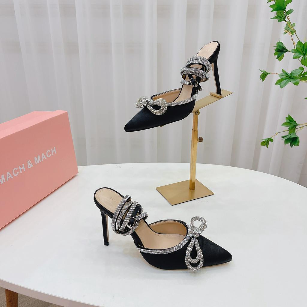 Sandal nữ cao gót, sandal lụa nơ đá dây quấn gót 10cm