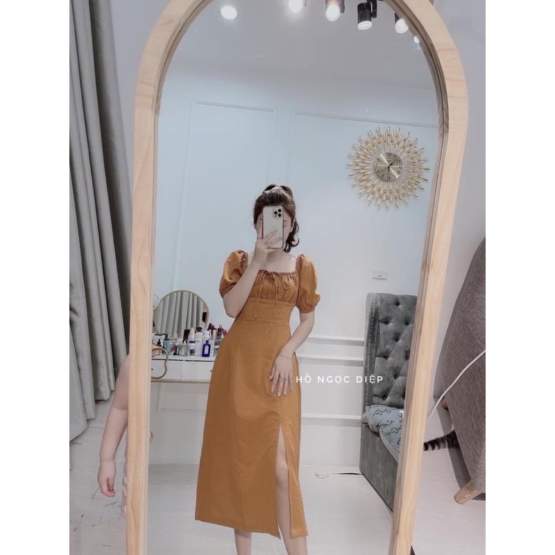 VNU240 - VÁY CỔ VUÔNG BUỘC NƠ NGỰC XẺ VẠT | BigBuy360 - bigbuy360.vn