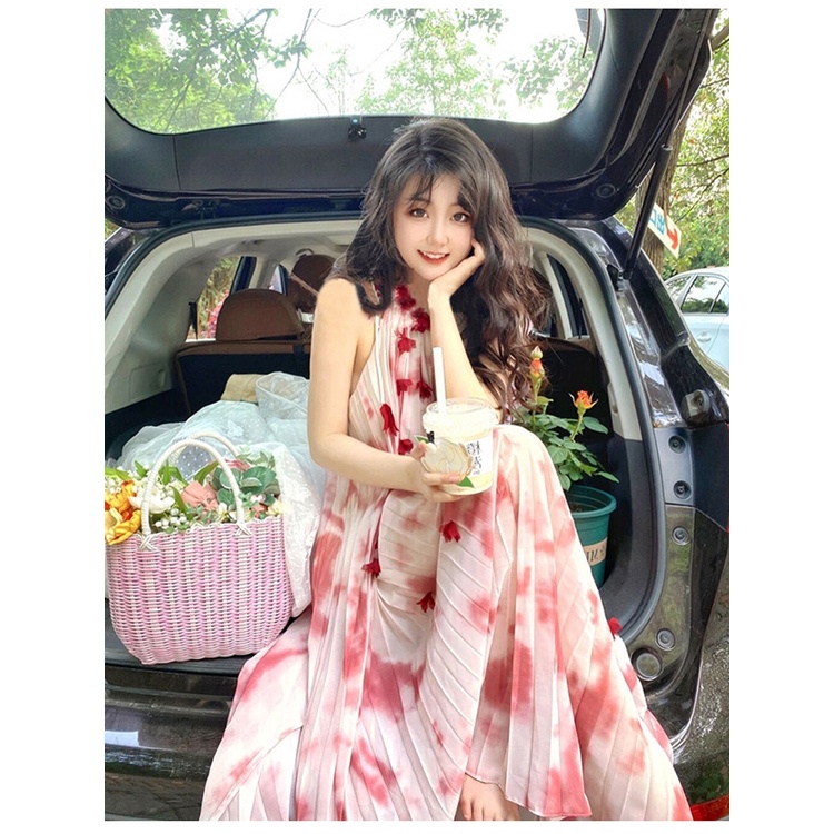 Jane Đầm suông xếp li màu loang hồng dịu dàng kết hoa rơi nhẹ kiểu Pháp ẢNH THẬT CUỐI