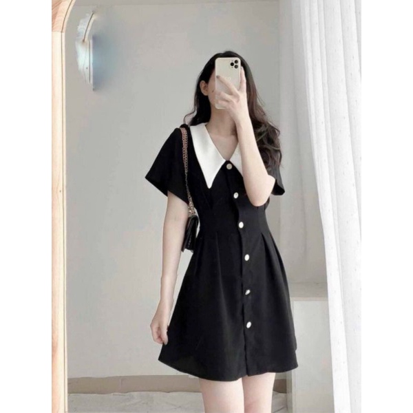 Đầm đen xòe dự tiệc phối cổ sen khuy trắng phong cách ulzzang  đi chơi đi làm by hanadress