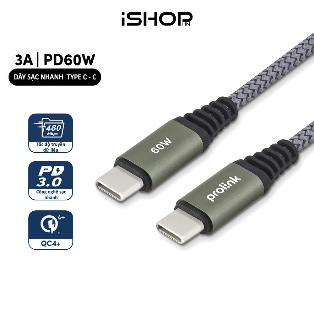 Dây sạc nhanh 60W, đầu C sang C Prolink GCC_60_01 cáp bện chống đứt dài 1M - Cáp sạc nhanh cho các thiết bị di động