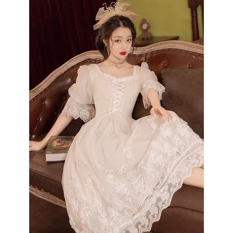 [ Sẵn ] VÁY TRẮNG DÀI CÔNG CHÚA VINTAGE CỔ ĐIỂN PHÁP ULLZANG- VÁY DÀI DỰ TIỆC- VÁY LOLITA GIÁ RẺ- VÁY CHỤP KỈ YẾU PROM