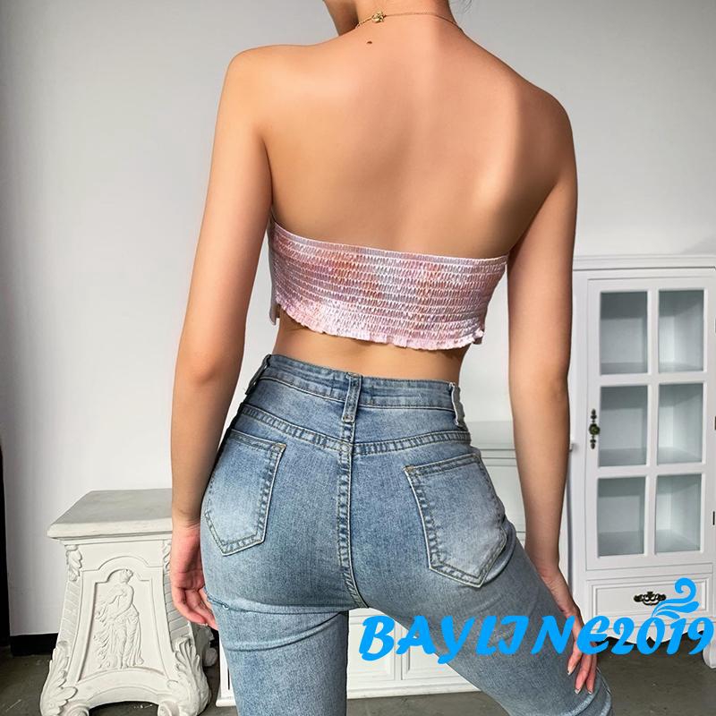 Áo kiểu không dây dáng ngắn hở lưng in họa tiết độc đáo thời trang mùa hè quyến rũ cho nữ