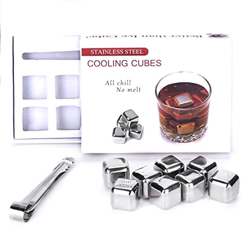 Đá Lạnh Không Tạn INOX Cooling Cubes 8 Viên Cao Cấp (Tặng Kèm Dụng Cụ Gắp Đá)