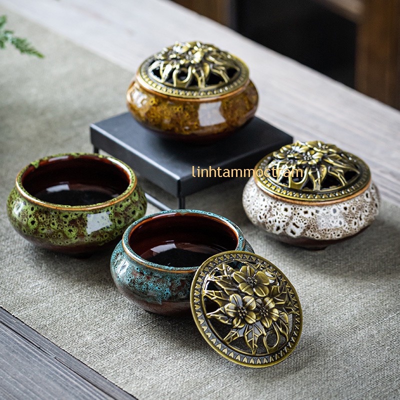 Lư xông trầm hương đỉnh đốt nhang gốm sứ tặng lót đáy + 10 nụ trầm