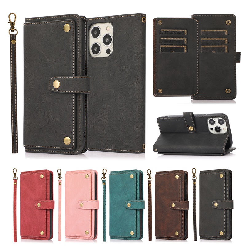 Bao Da Điện Thoại Dạng Ví Nắp Lật Đa Năng Có Ngăn Đựng Thẻ Và Dây Đeo Cho IPhone 13 12 Mini 11 Pro Max Vỏ