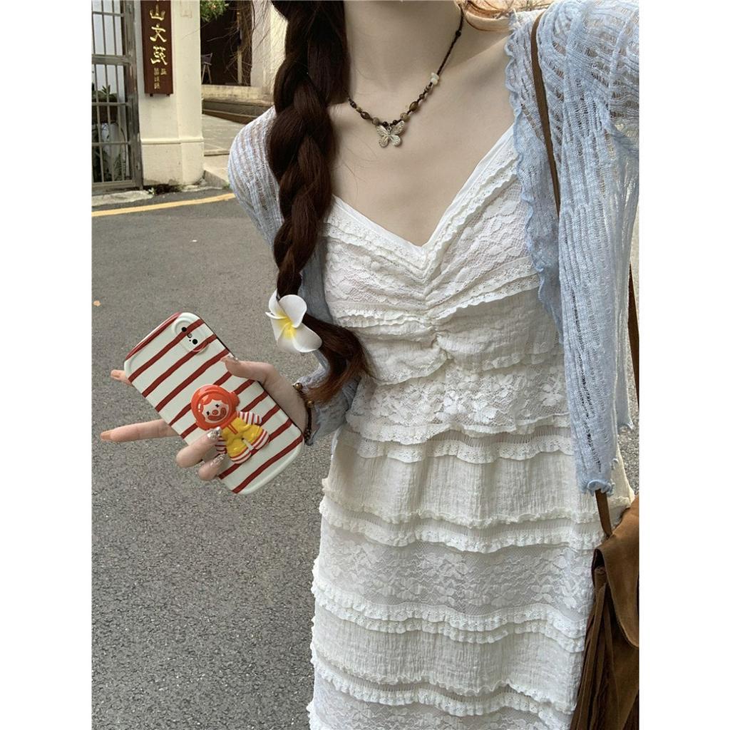 Đầm váy maxi hai dây kèm áo khoác, đầm 2 dây phối khoác cadigan mỏng màu xanh nhẹ nhàng cho nàng đi chơi đi biển
