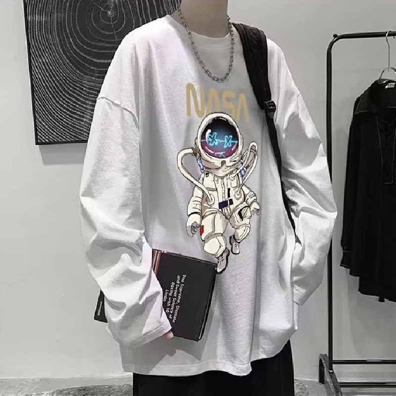 Áo Thun Tay Dài Cổ Tròn Dáng Rộng In Hình Phi Hành Gia Kiểu Hip-Hop Đường Phố Cho Nam Cỡ Lớn M-5XL