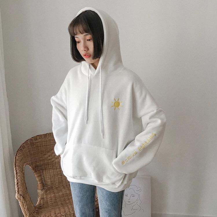Áo hoodie nữ vải nỉ lót bông dày dặn thêu mặt trời trắng | BigBuy360 - bigbuy360.vn
