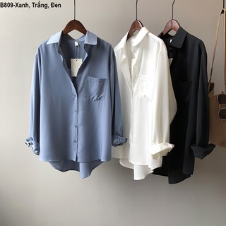 Áo Sơ mi công sở nữ form rộng phối túi kiểu đẹp Hàn quốc chất Lụa Ý dày dăn Màu Trắng đen xanh LAMO-B809