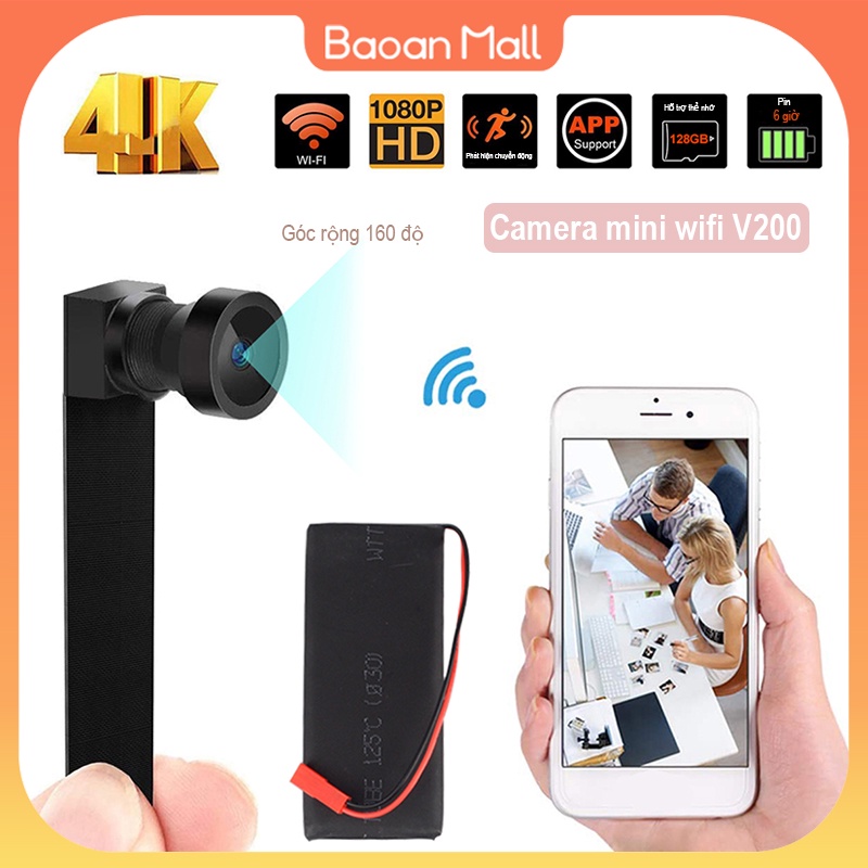 Camera hành trình Fullhd 4K không dây mini siêu nhỏ camera wifi kết nối điện thoại quay phim ghi âm Bảo An Mall V200