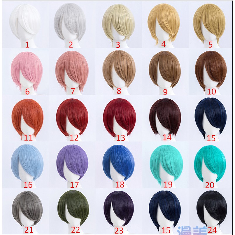 [order/ko có sẵn] wig/tóc giả nam nữ cơ bản ngắn 30cm (mã 1-15) màu trắng bạc vàng hồng nâu cam đỏ xanh dương