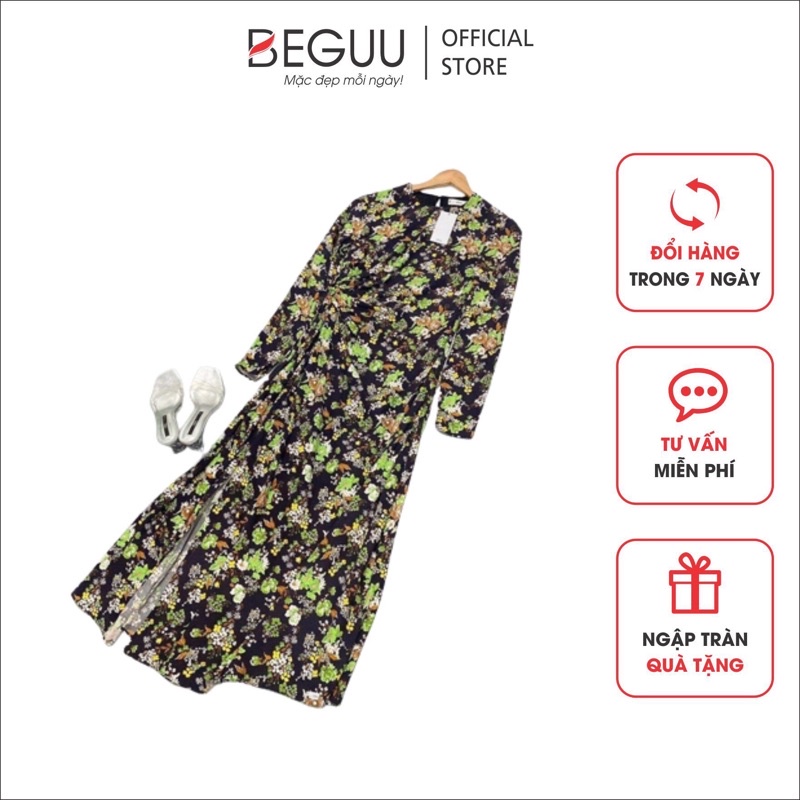 Đầm hoa dài tay cut out eo BEGUU chất lụa cát mềm đẹp không nhăn