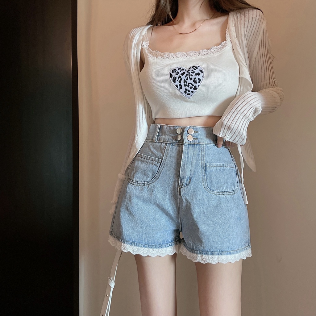 SUXI Quần đùi denim lưng cao ống rộng phối ren phong cách cổ điển sang trọng thời trang mùa hè dành cho bạn nữ