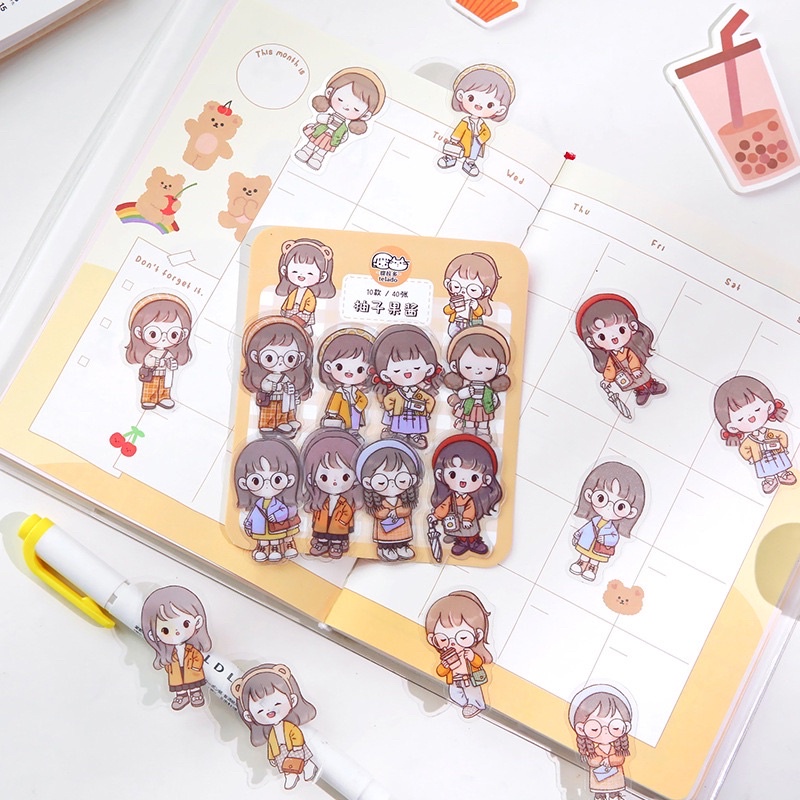 Gói 40 miếng dán trang trí sổ tay, điện thoại chống nước hình bé gái hoạt hình dễ thương DIY - ST004-Tiệm Ốc Sột