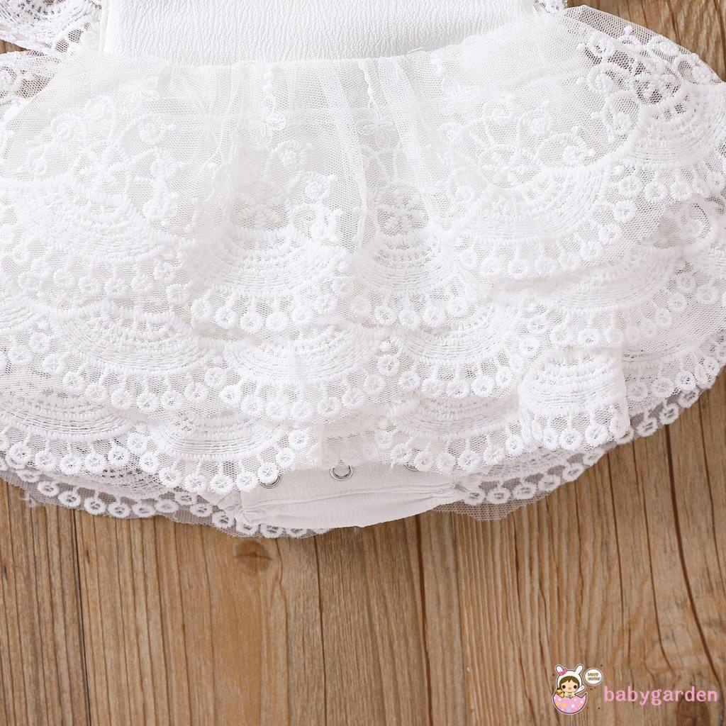 BABYGARDEN-0-24months Baby Girls Summer Lace Romper Sweet Style Flower Pattern Fly Sleeve Layered Skirt Splicing Jumpsuit + Headwear