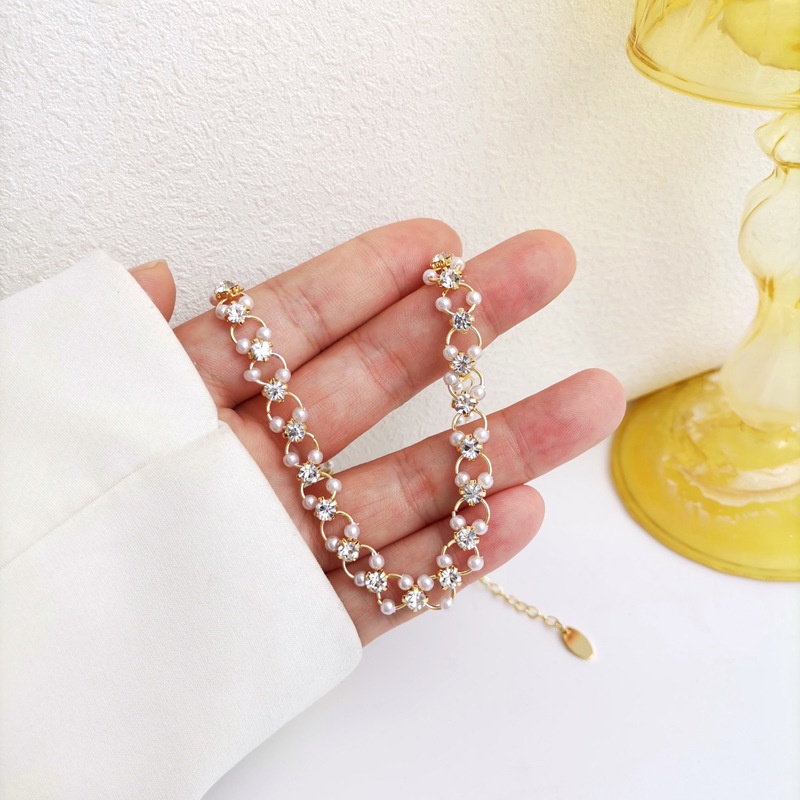 Vòng cổ màu vàng đính ngọc trai giả phong cách retro hàn quốc thời trang cho nữ