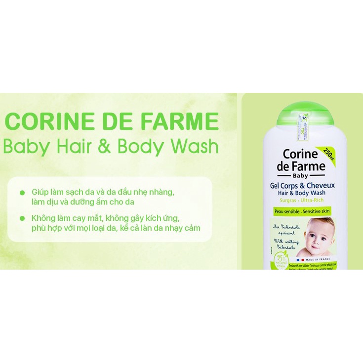 Sữa tắm gội dịu nhẹ cho bé Corine de farme hair & body wash 250ml/500ml