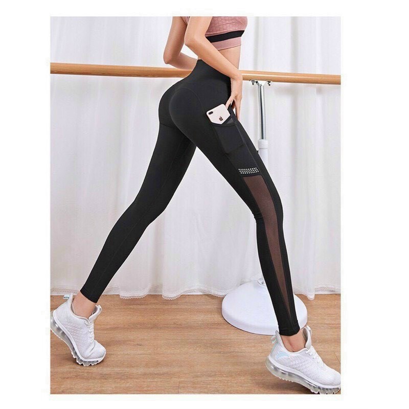 Quần Tập Gym Yoga Dài Phối Lưới Túi Nâng Mông, Quần Legging Thể Thao Aerobic In Chữ Ba Màu [Ảnh Chụp Thật] - OQ067