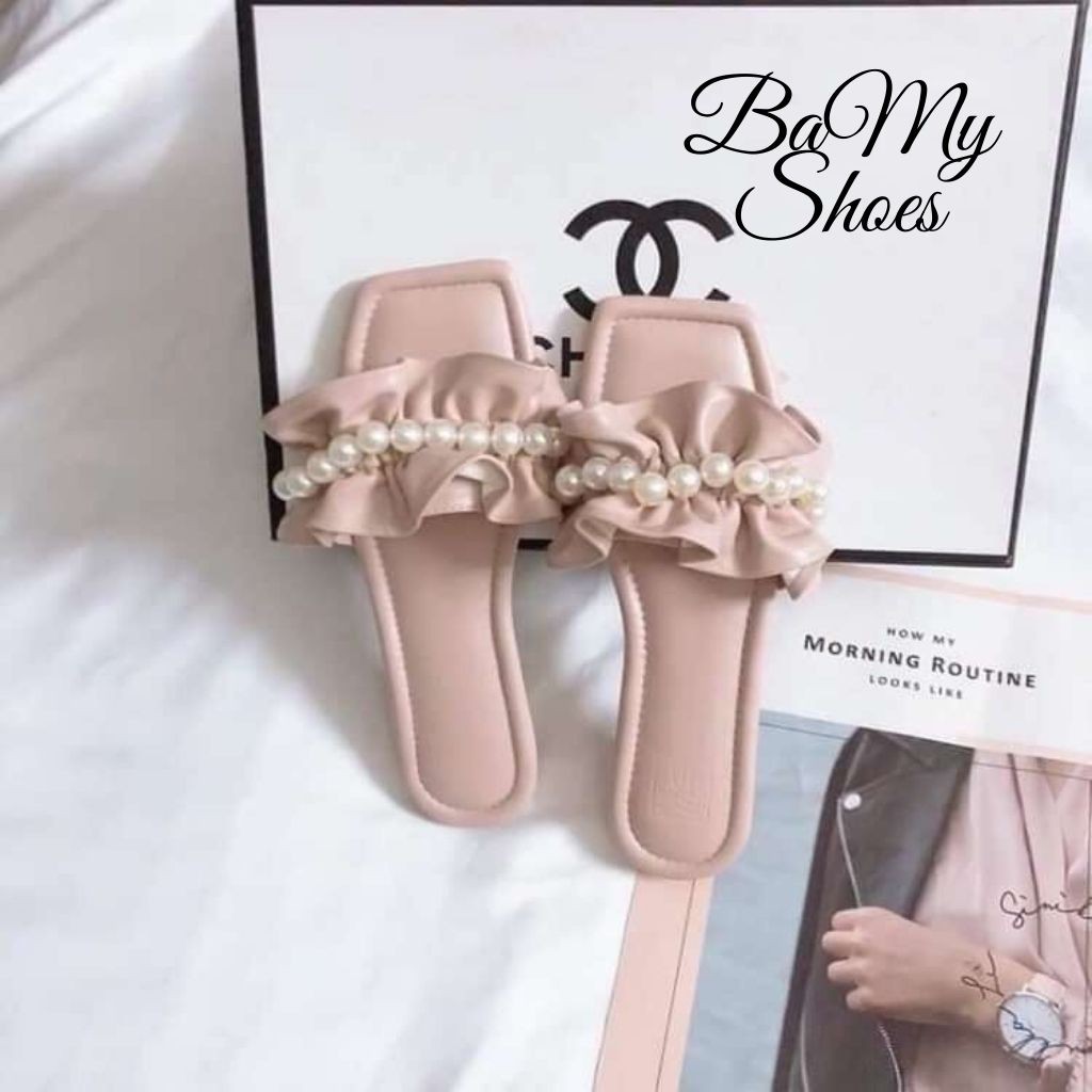 Dép lê nữ nhún nơ bèo đính ngọc châu, dép ulzzang phong cách tiểu thư đi biển, đi chơi cute - BaMy Shoes