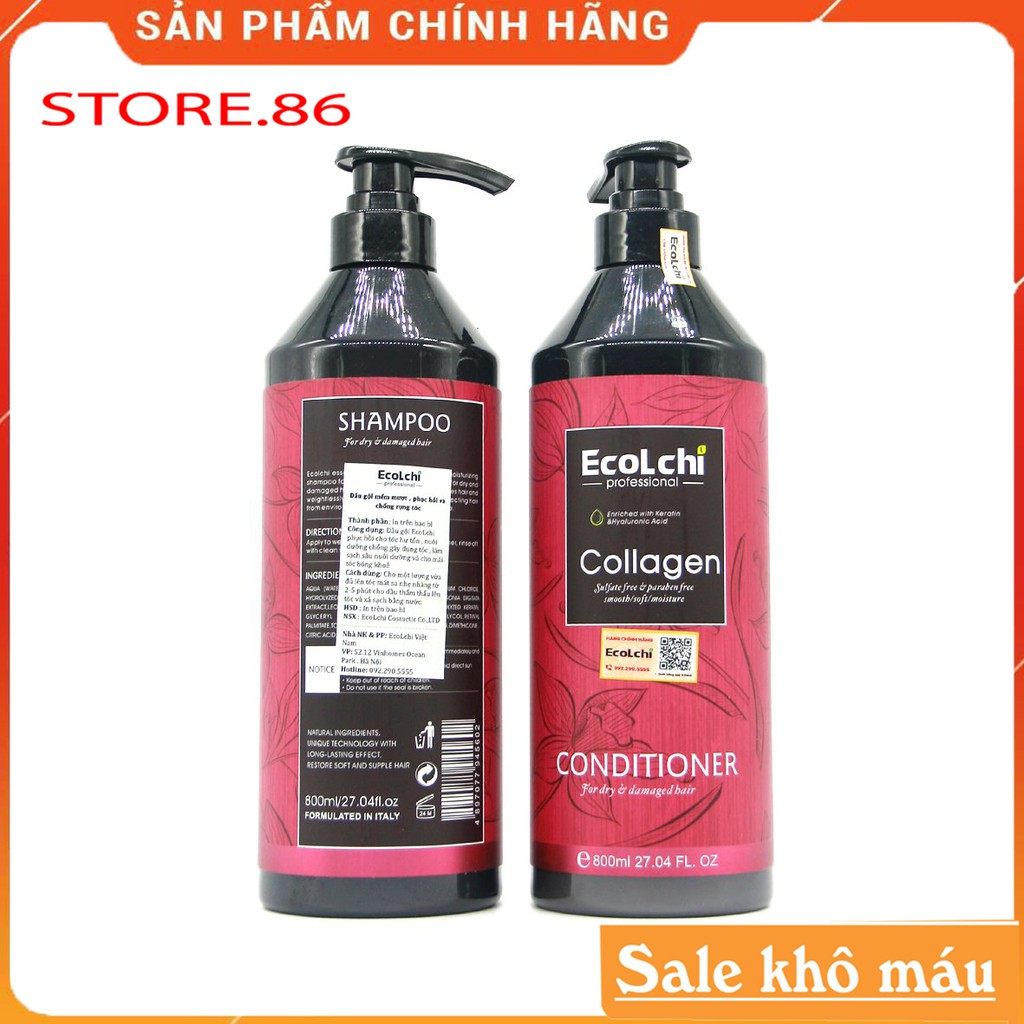 Dầu gội  phục hồi tóc hư tổn tóc khô sơ kiềm dầu sạch gàu, cặp gội xả ECOLCHI COLLAGEN chính hãng 800ml