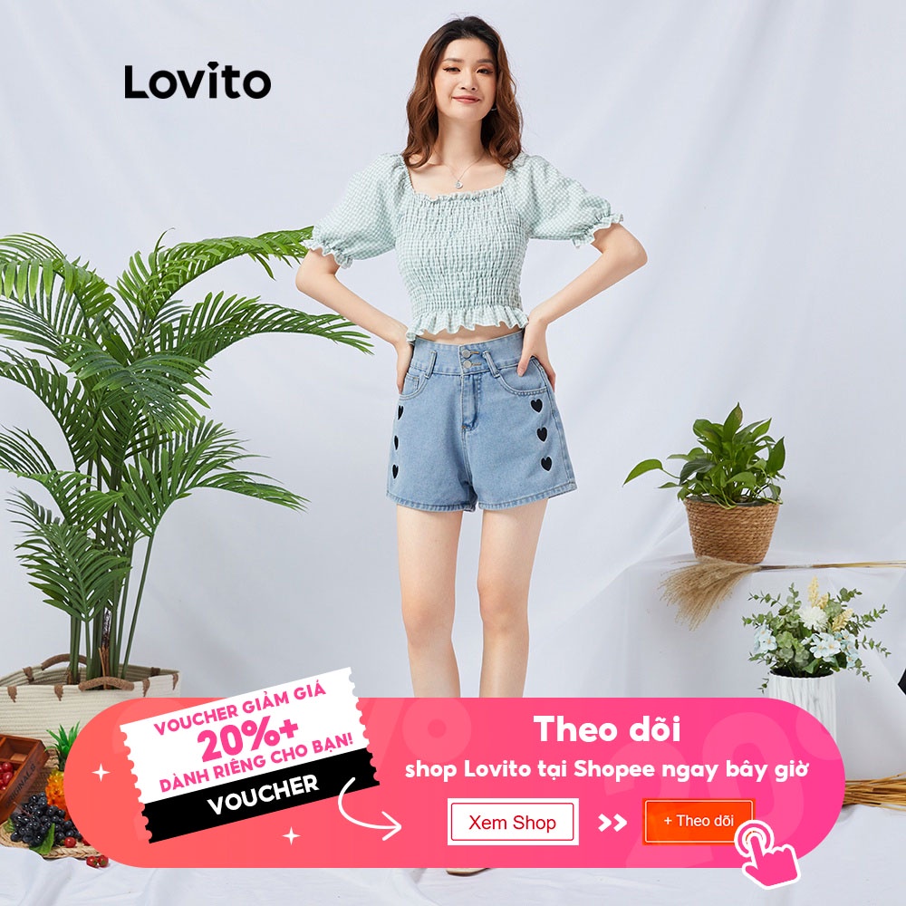 Lovito Áo kiểu cổ vuông kẻ sọc màu xanh lá dễ thương L11D27
 | BigBuy360 - bigbuy360.vn