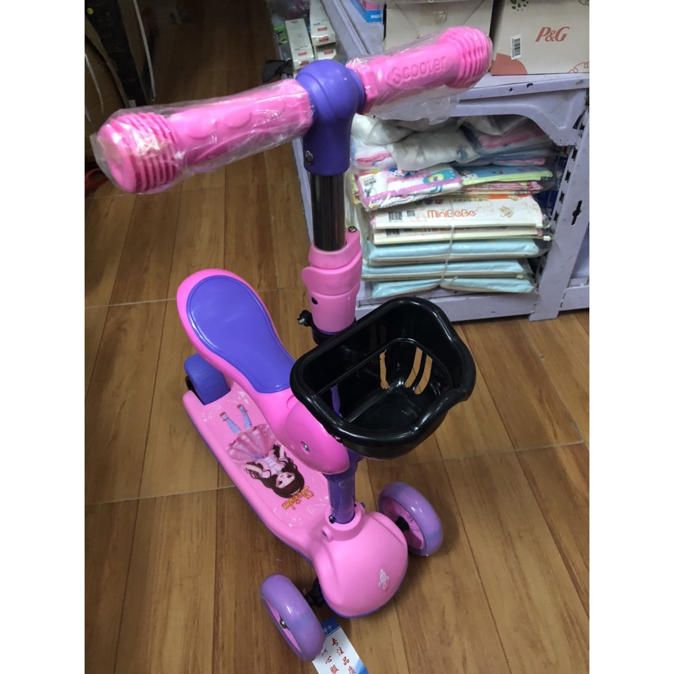 Xe trượt scooter 602 Có Ghế Có Giỏ đa năng phát sáng cho bé từ 1 đến 10 tuổi - Xe thăng bằng có nhạc, ghế nhún cho trẻ